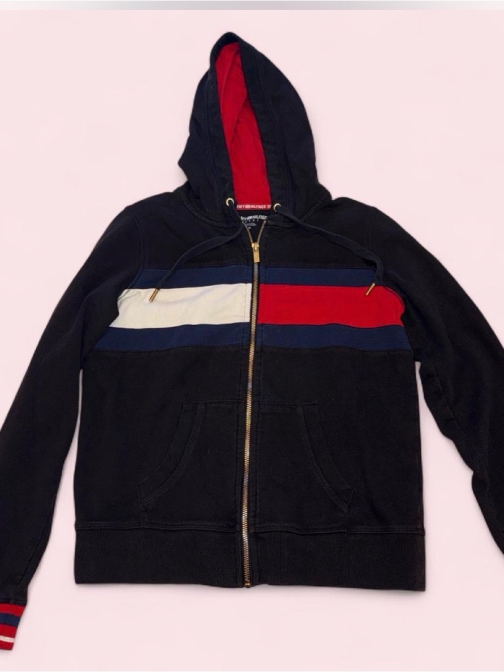 Tommy Hilfiger Black Zip Hoodie with Red, White & Navy Stripes